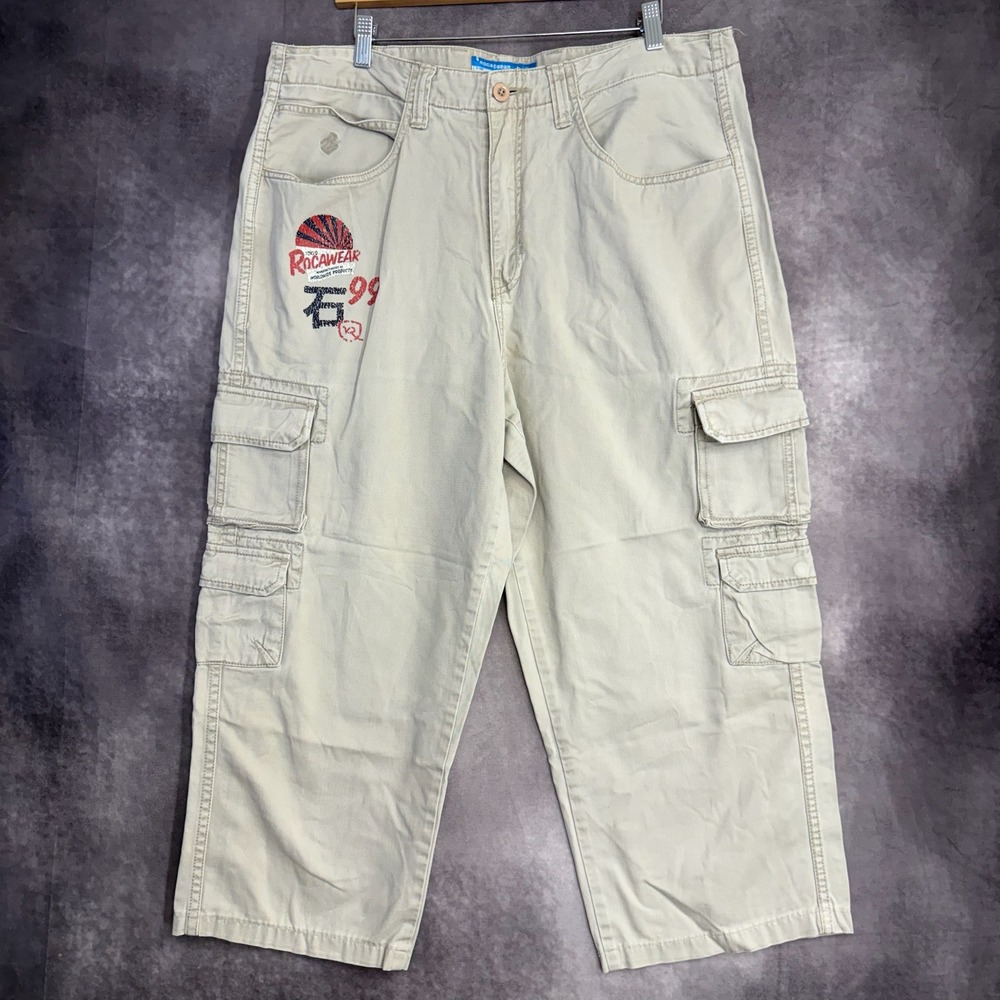 Rocawear Mens 36 Khaki Cargo Shorts Embroidered 99 Y2K Streetwear Baggy Tan